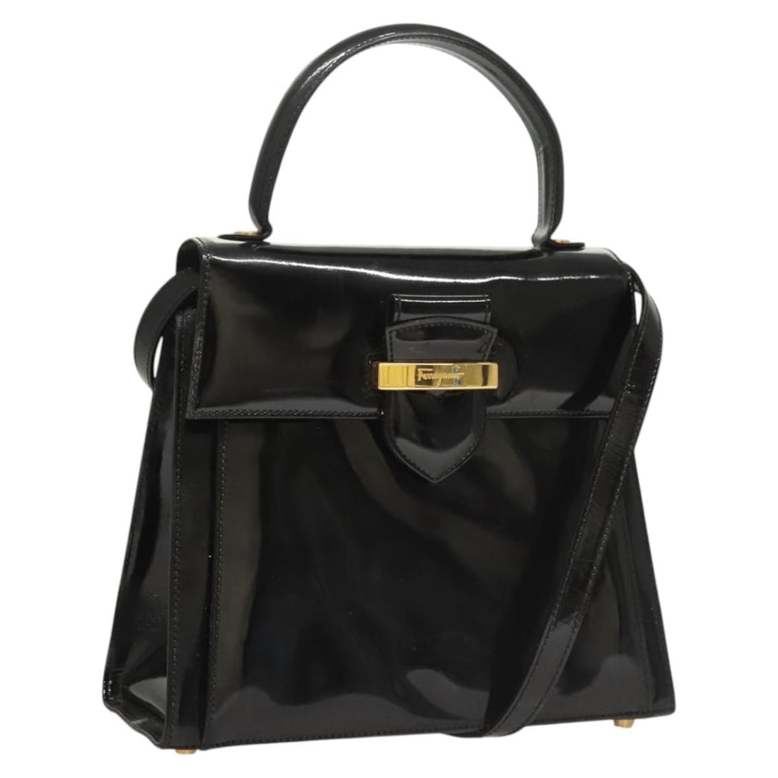 Salvatore Ferragamo Vintage black patent leather handbag: Salvatore Ferragamo Vintage black patent leather handbag Vintage Salvatore Ferragamo handbag in black patent leather. This women's bag is made in Italy and remains in good vintage condition with hones