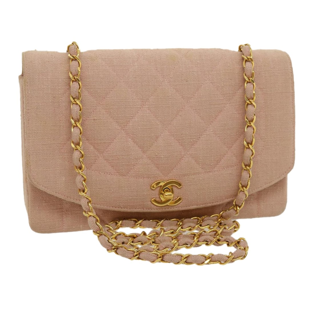 CHANEL Diana Pink Canvas Shoulder Bag Turn Lock Chain CC: CHANEL Diana Pink Canvas Shoulder Bag Turn Lock Chain CC A CHANEL Matelasse Turn Lock Chain Diana shoulder bag in pink canvas, made in France. It features a shoulder strap with an approximate 20.1 inc