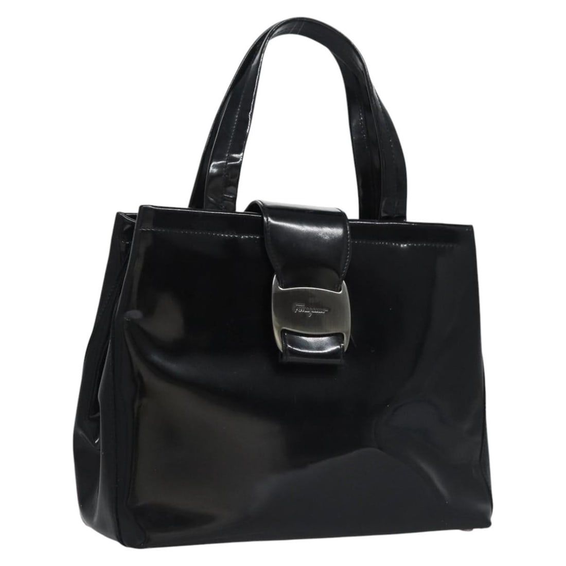Salvatore Ferragamo Vala patent leather handbag black: Salvatore Ferragamo Vala patent leather handbag black Salvatore Ferragamo Vala handbag in black patent leather. This women's bag is made in Italy and shows noticeable overall wear consistent with heav