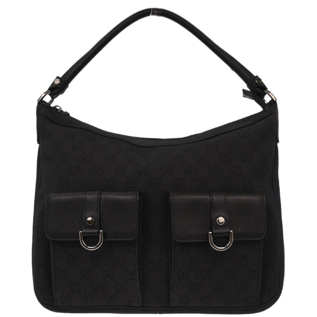Vintage Gucci GG Large Canvas Leather Handbag Dark Gray Black: Vintage Gucci GG Large Canvas Leather Handbag Dark Gray Black Vintage Gucci GG handbag in dark gray and black canvas and leather. This women's large handbag features two exterior pockets, one interior