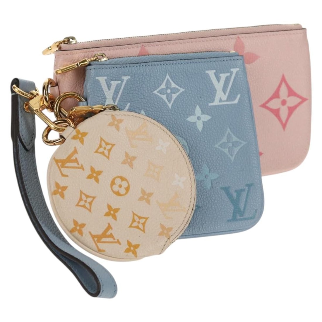 Louis Vuitton M80407 Monogram Empreinte Leather Pouch Pink Blue: Louis Vuitton M80407 Monogram Empreinte Leather Pouch Pink Blue Louis Vuitton Monogram Empreinte Pochette Trio pouch in pink and blue leather. This women's pouch is made in France and includes the dus