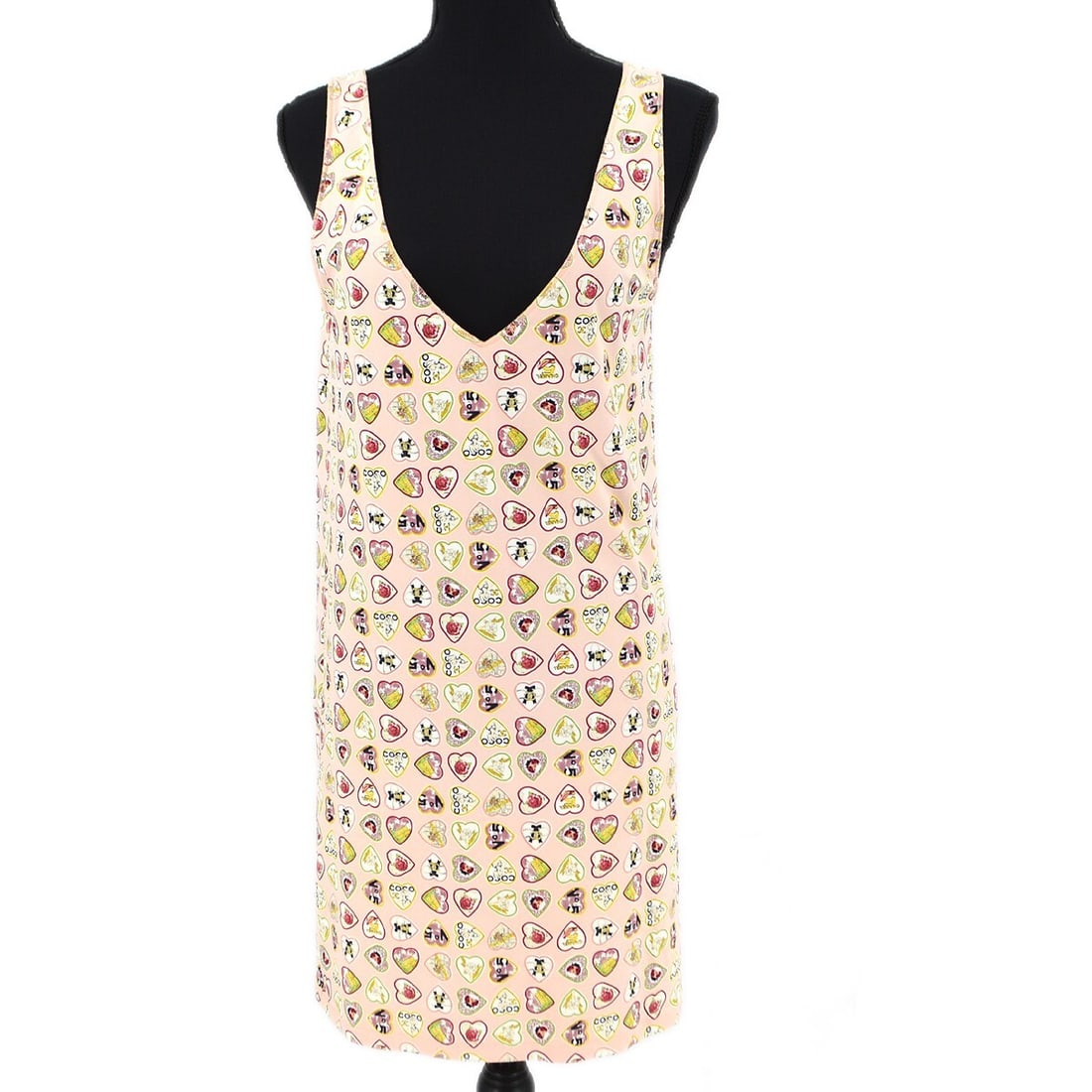 CHANEL Valentine tank dress pink sleeveless size 38: CHANEL Valentine tank dress pink sleeveless size 38 Vintage Chanel sleeveless tank dress in pink with a multicolor motif print. This knee-length women's dress features a V-neckline and is made in