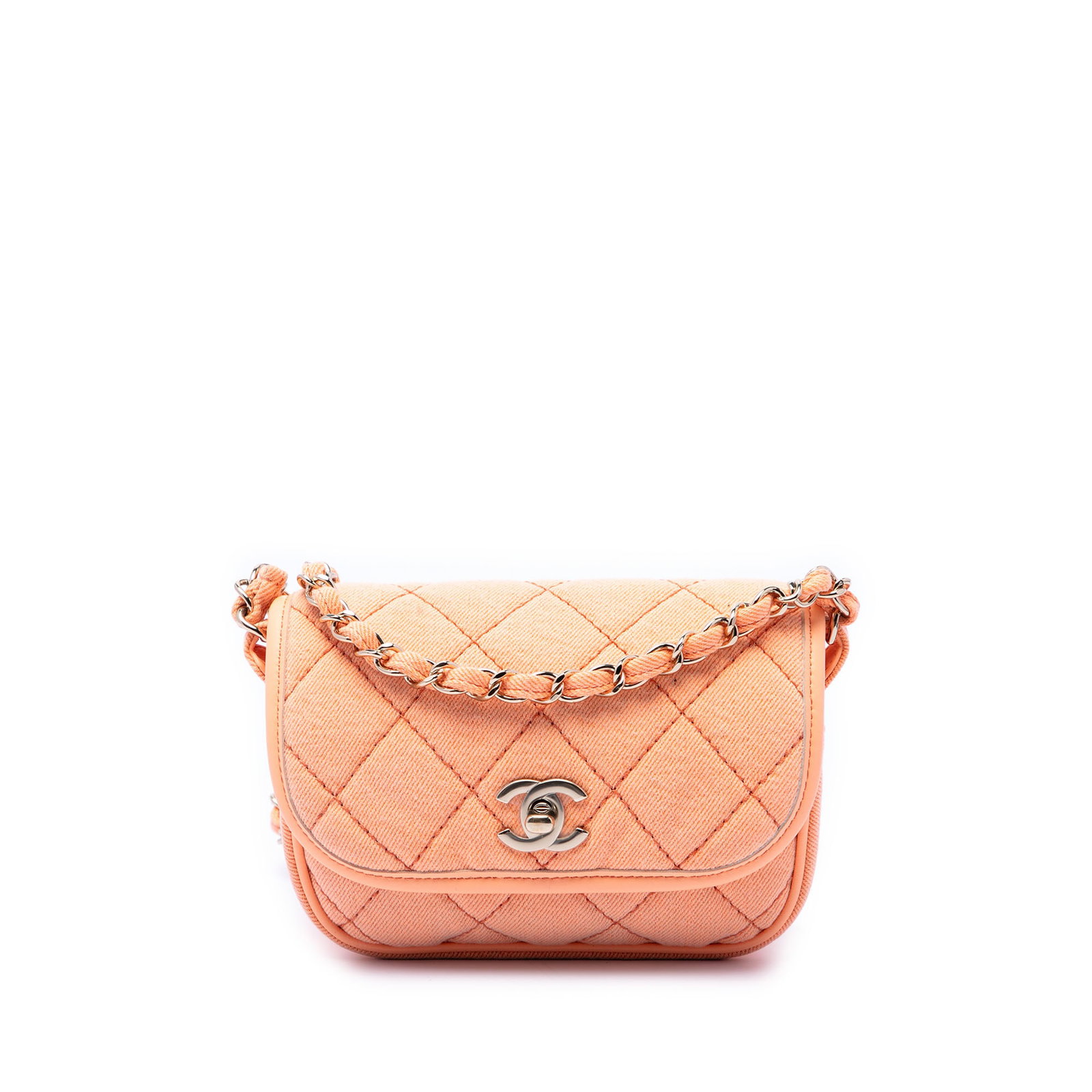 Chanel Mini CC Denim Flap Crossbody Bag with Leather Trim: Chanel Mini CC Denim Flap Crossbody Bag with Leather Trim Mini CC Quilted Denim Messenger Flap crossbody bag with a quilted denim body, leather trim, a denim woven chain link, and an adjustable flat l