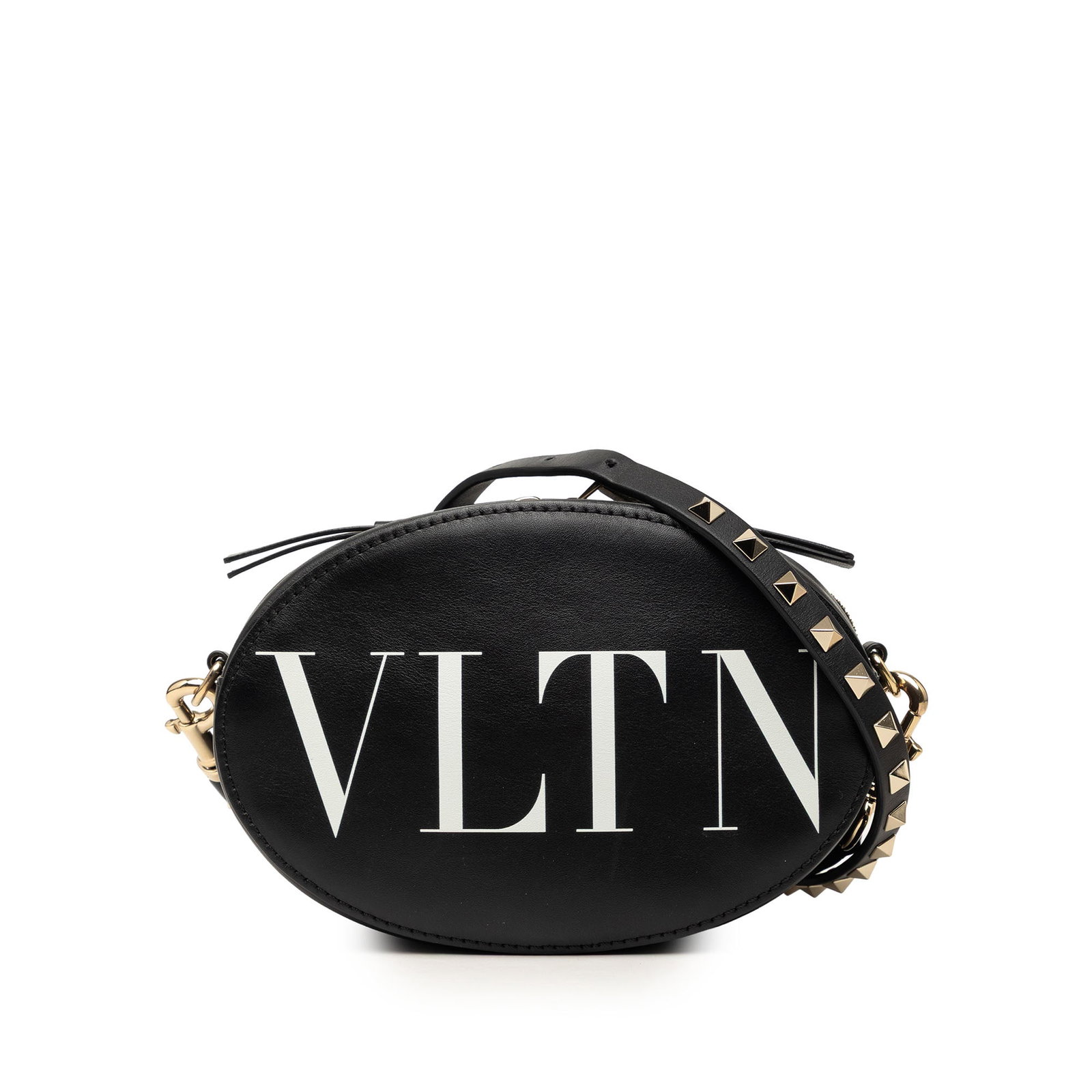 Valentino VLTN Oval Rockstud Calfskin Crossbody Bag Black: Valentino VLTN Oval Rockstud Calfskin Crossbody Bag Black Valentino Calfskin Rockstud VLTN Oval Crossbody in black leather. This crossbody bag features an oval silhouette, a detachable flat leather st