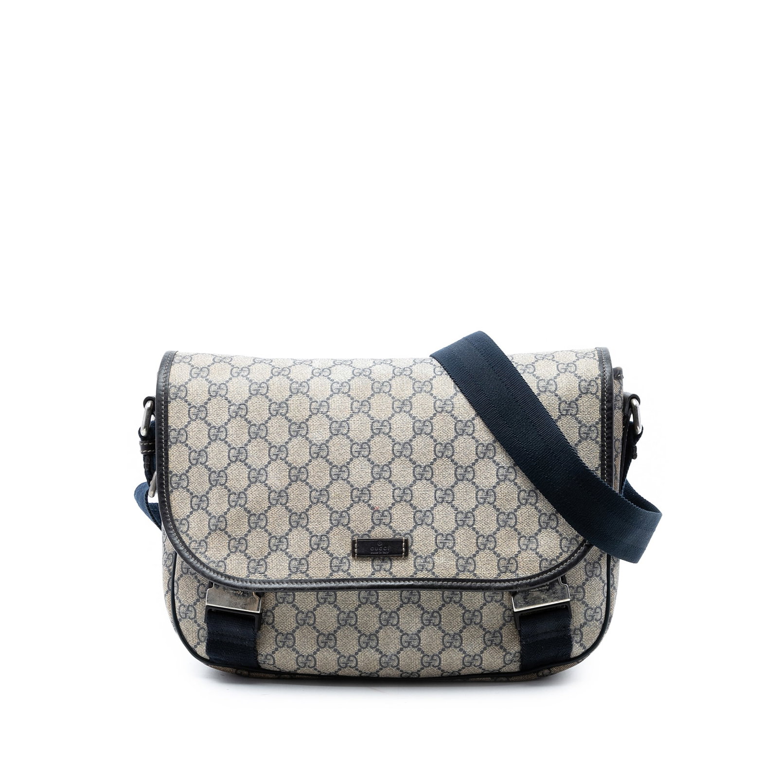 Gucci GG Supreme coated canvas crossbody bag with leather trim: Gucci GG Supreme coated canvas crossbody bag with leather trim Gucci GG Supreme Crossbody bag crafted with a coated canvas body and leather trim. It features an adjustable flat leather strap, a top fl