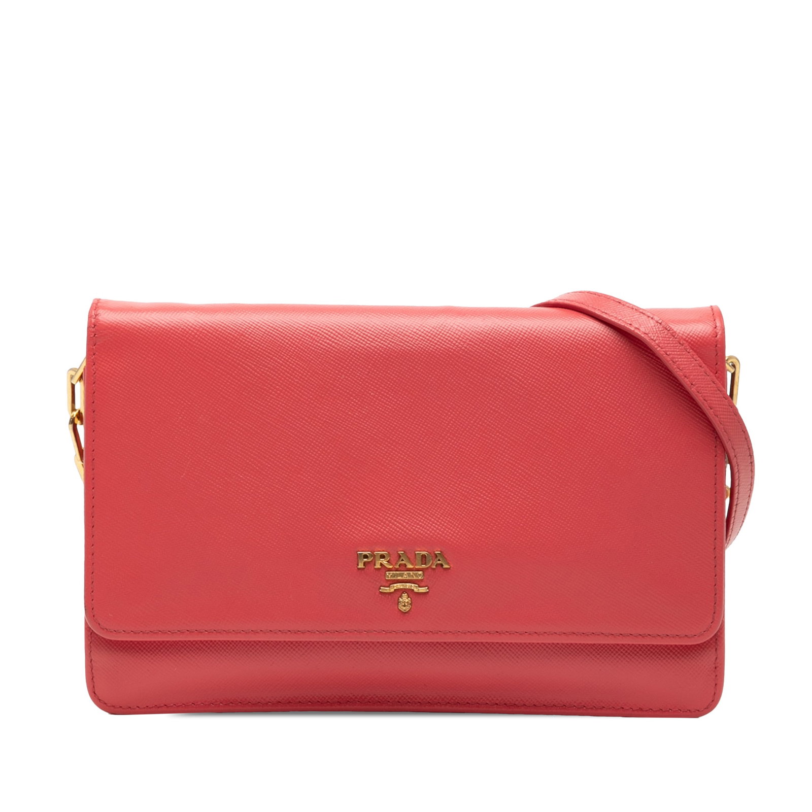 Prada Saffiano Lux Pink Leather Chain Strap Wallet: Prada Saffiano Lux Pink Leather Chain Strap Wallet This Prada Saffiano Lux Wallet On Chain features a pink saffiano leather body, a gold-tone chain link strap with a leather guard, a front flap with s