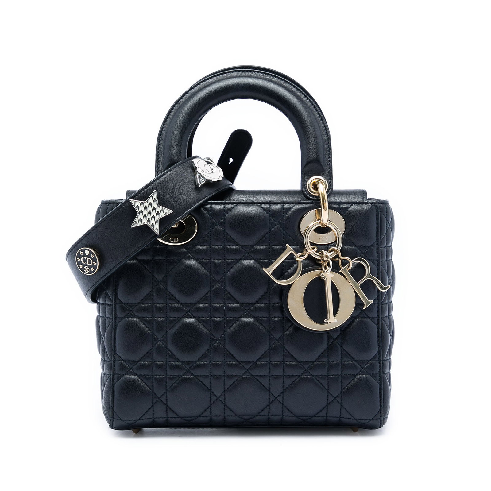 Dior MyABCDior Lady Dior Small Cannage Lambskin Bag: Dior MyABCDior Lady Dior Small Cannage Lambskin Bag Small Lady Dior handbag in black lambskin with Cannage quilting and MyABCDior styling. It features flat leather top handles, a detachable flat leath