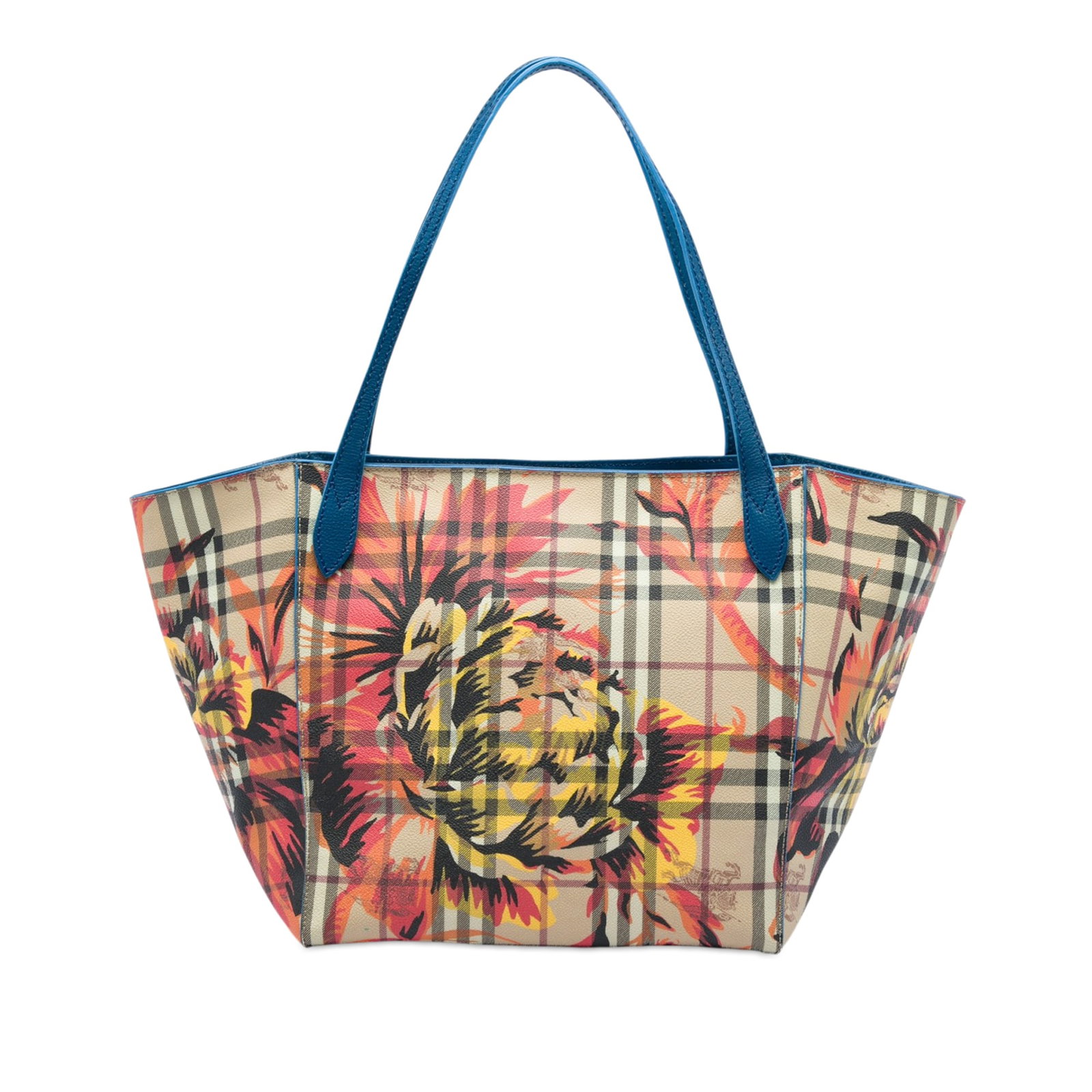 Burberry Canterbury Small Floral Check Coated Canvas Tote Bag: Burberry Canterbury Small Floral Check Coated Canvas Tote Bag Burberry Canterbury tote bag in Haymarket check coated canvas with a floral print and leather trim. This open-top design features flat lea