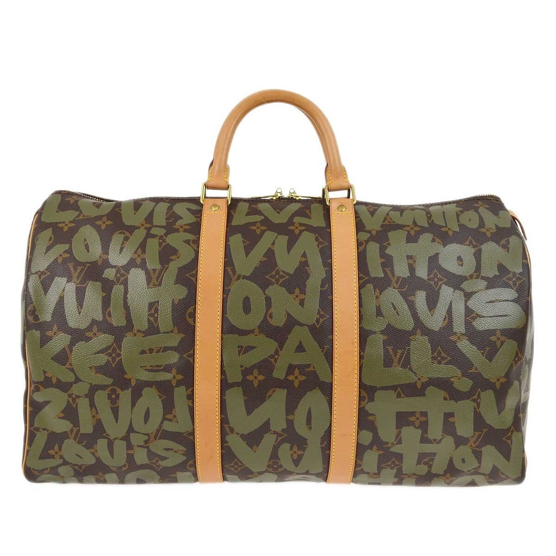 Louis Vuitton Keepall 50 Khaki Monogram Graffiti Travel Duffle M92196: Louis Vuitton Keepall 50 Khaki Monogram Graffiti Travel Duffle M92196 Louis Vuitton Keepall 50 duffle bag in khaki Monogram Graffiti canvas with leather trim. This large travel bag features a zip clos