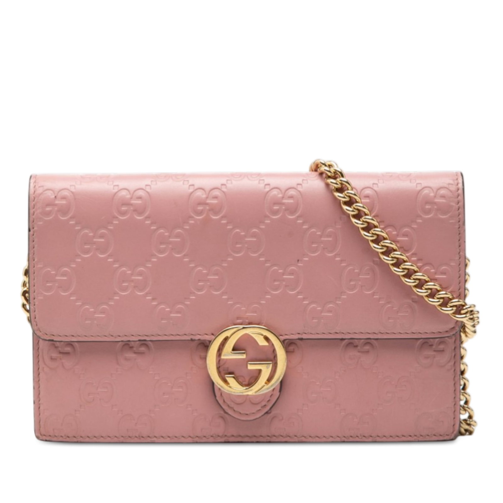 Gucci Guccissima Pink Leather Crossbody Wallet With Interlocking G Chain: Gucci Guccissima Pink Leather Crossbody Wallet With Interlocking G Chain This Gucci Guccissima Interlocking G Wallet On Chain is crafted from embossed pink leather and features a detachable chain-link