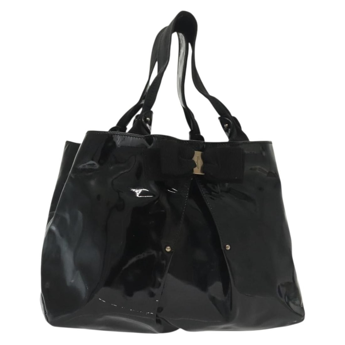 Salvatore Ferragamo Vala Black Patent Leather Tote Bag: Salvatore Ferragamo Vala Black Patent Leather Tote Bag The Salvatore Ferragamo Vala tote is crafted from black patent leather, designed for women. This Italian-made handbag features a sleek silhouette