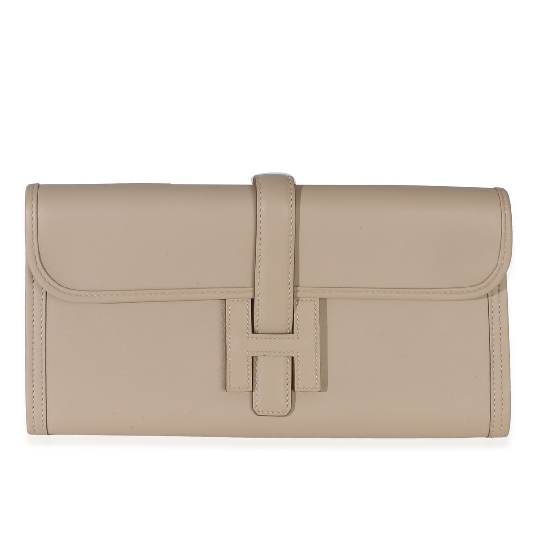 Hermes Jige Elan 29 leather clutch in Argile Evercolor: Hermes Jige Elan 29 leather clutch in Argile Evercolor Pre-owned Hermes Jige Elan 29 clutch in Argile Evercolor leather. This unisex design features a loop closure, leather lining, and a beige and gra