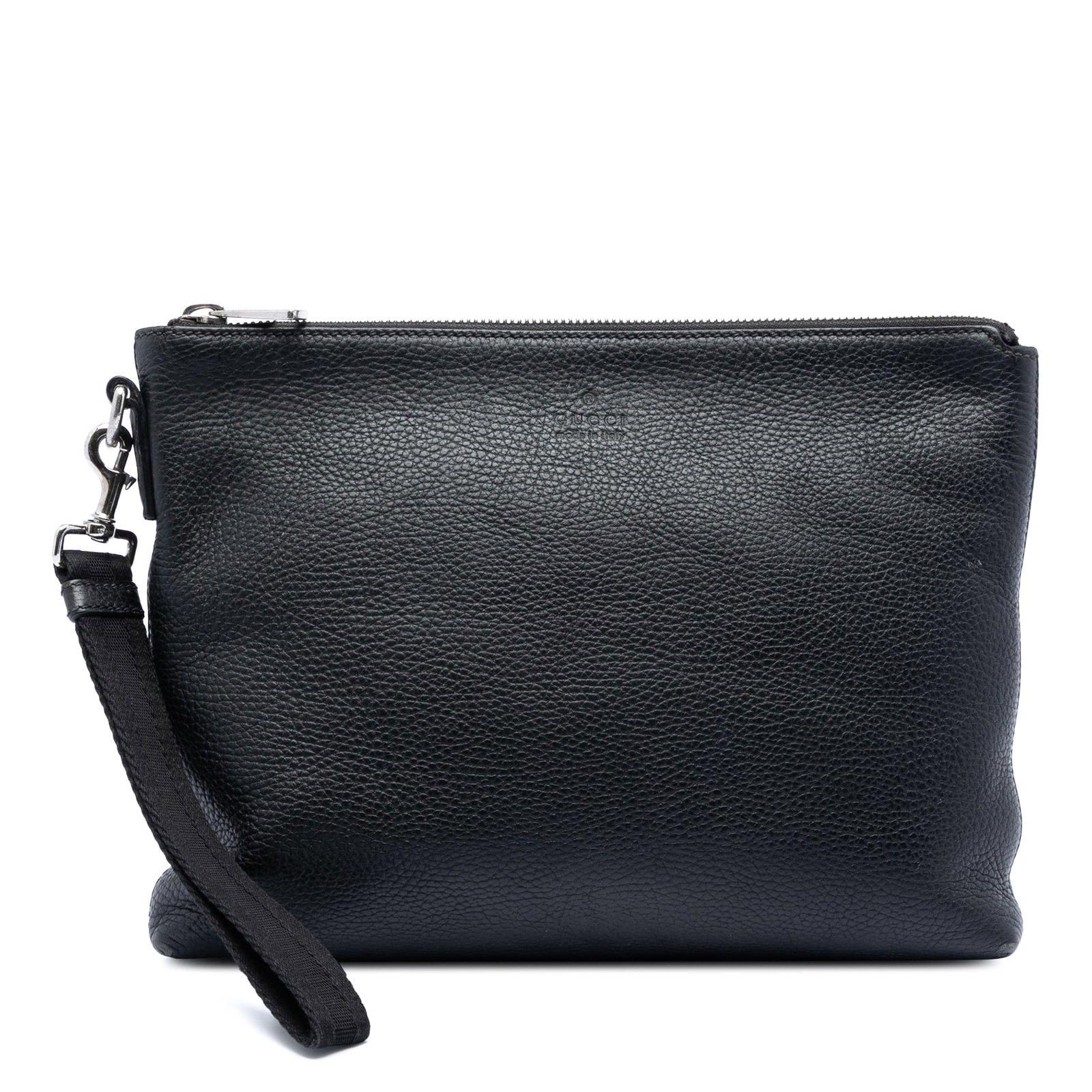 Gucci Leather Clutch Bag Black Zip Top Detachable Strap: Gucci Leather Clutch Bag Black Zip Top Detachable Strap Gucci leather clutch in black with a detachable flat strap and top zip closure. The interior includes a zip pocket. Condition is AB, with noted 