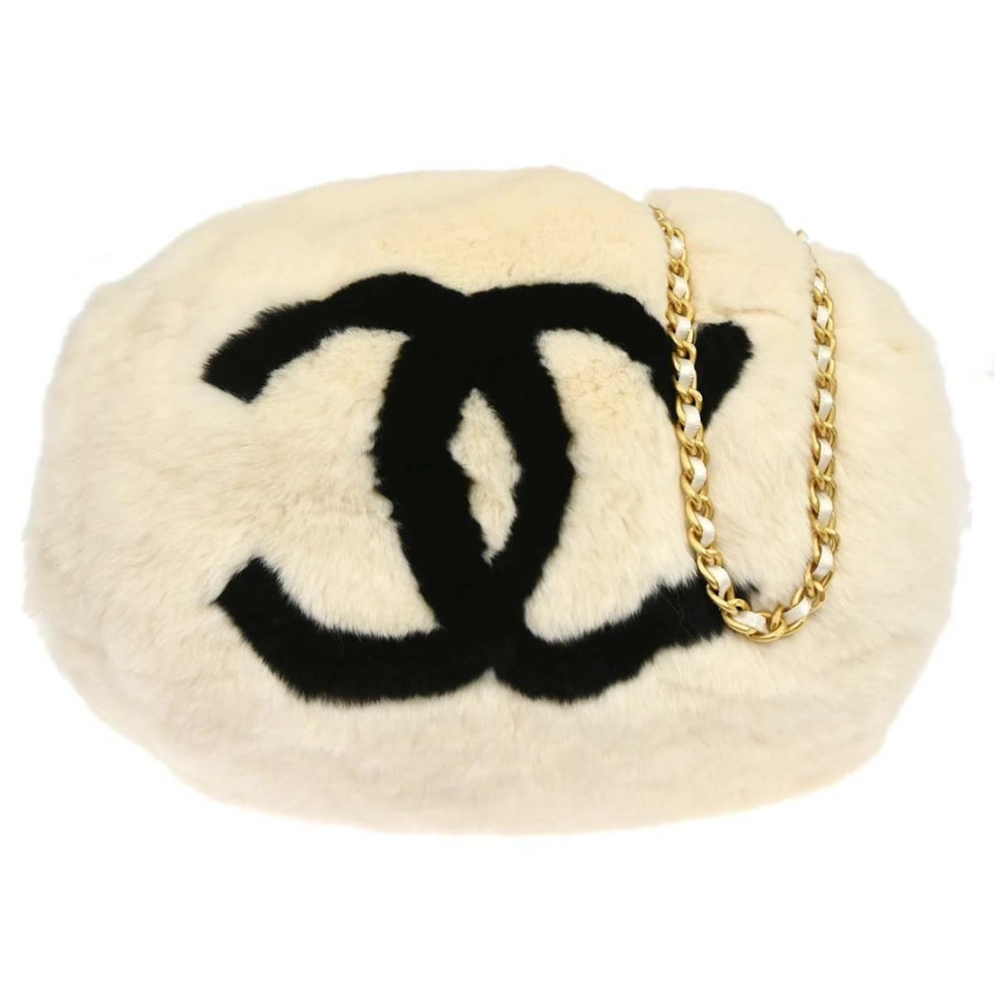 Chanel Lapin Fur Shoulder Bag Off White Hand Warmer: Chanel Lapin Fur Shoulder Bag Off White Hand Warmer Chanel shoulder bag in off-white lapin fur with black accents and logo detailing. This medium bag features an inner pocket and one exterior zipper p