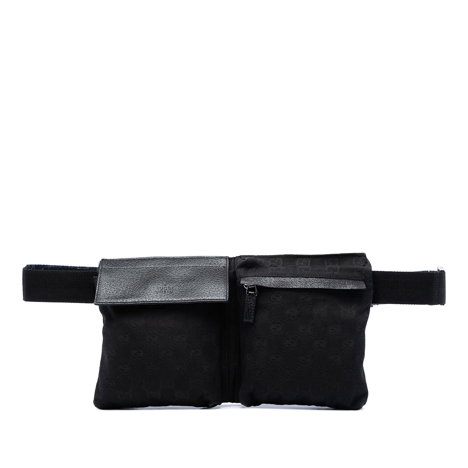 Gucci GG Canvas Double Pocket Waist Bag Black Fabric: Gucci GG Canvas Double Pocket Waist Bag Black Fabric Gucci GG Canvas Double Pocket Belt Bag in black fabric with a canvas body and adjustable waist strap. The design includes exterior front flap and z