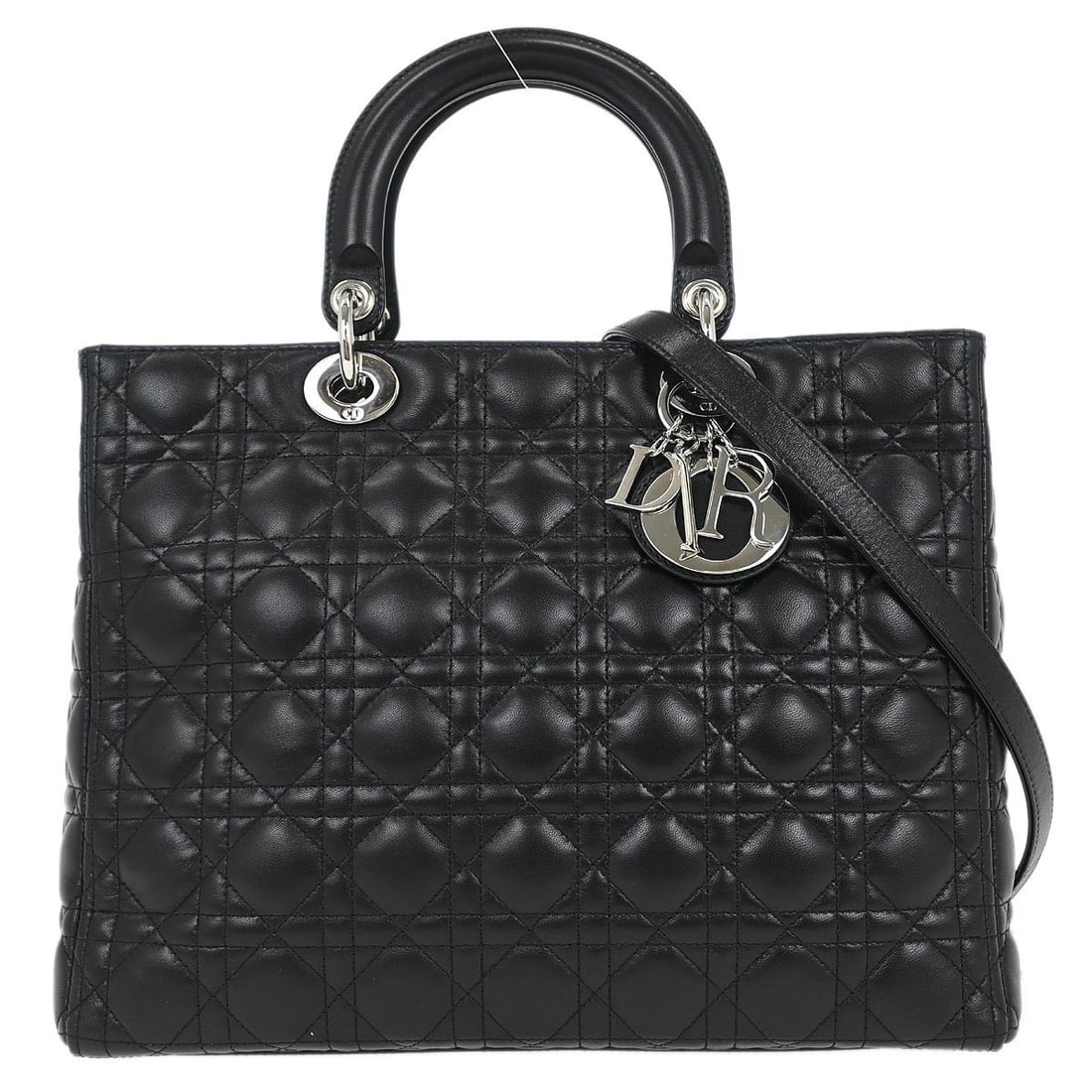 Dior Lady Dior Cannage Black Lambskin Satchel with Shoulder Strap: Dior Lady Dior Cannage Black Lambskin Satchel with Shoulder Strap Christian Dior Lady Dior Cannage 2-way handbag in black lambskin with quilted detailing and a zip closure. This satchel-style top hand