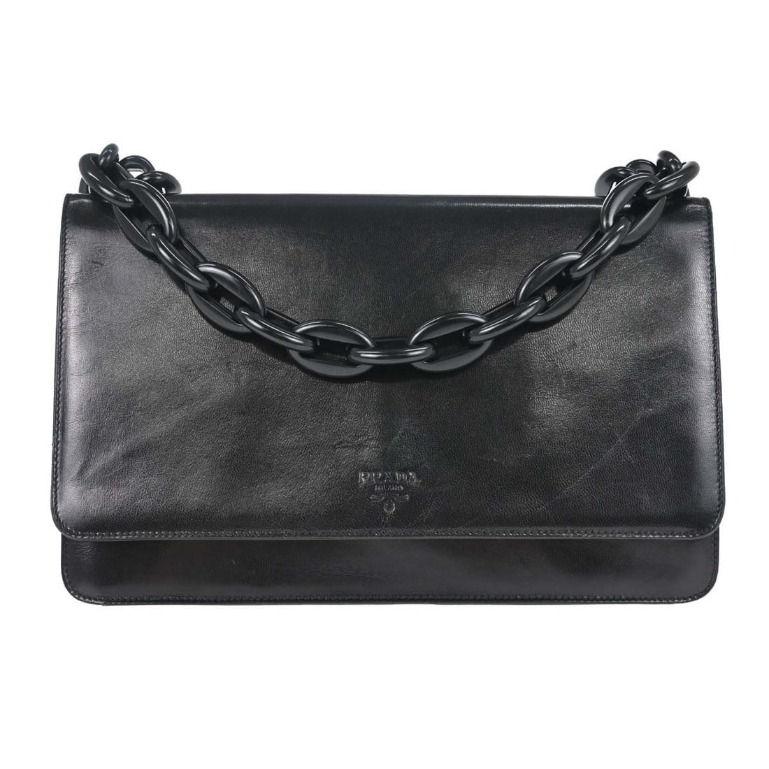 PRADA Shoulder Bag Black Leather Acrylic with Dust Bag: PRADA Shoulder Bag Black Leather Acrylic with Dust Bag This Prada women's shoulder bag is crafted in black leather with acrylic accents and logo detailing. It is a medium-sized casual bag made in Ital
