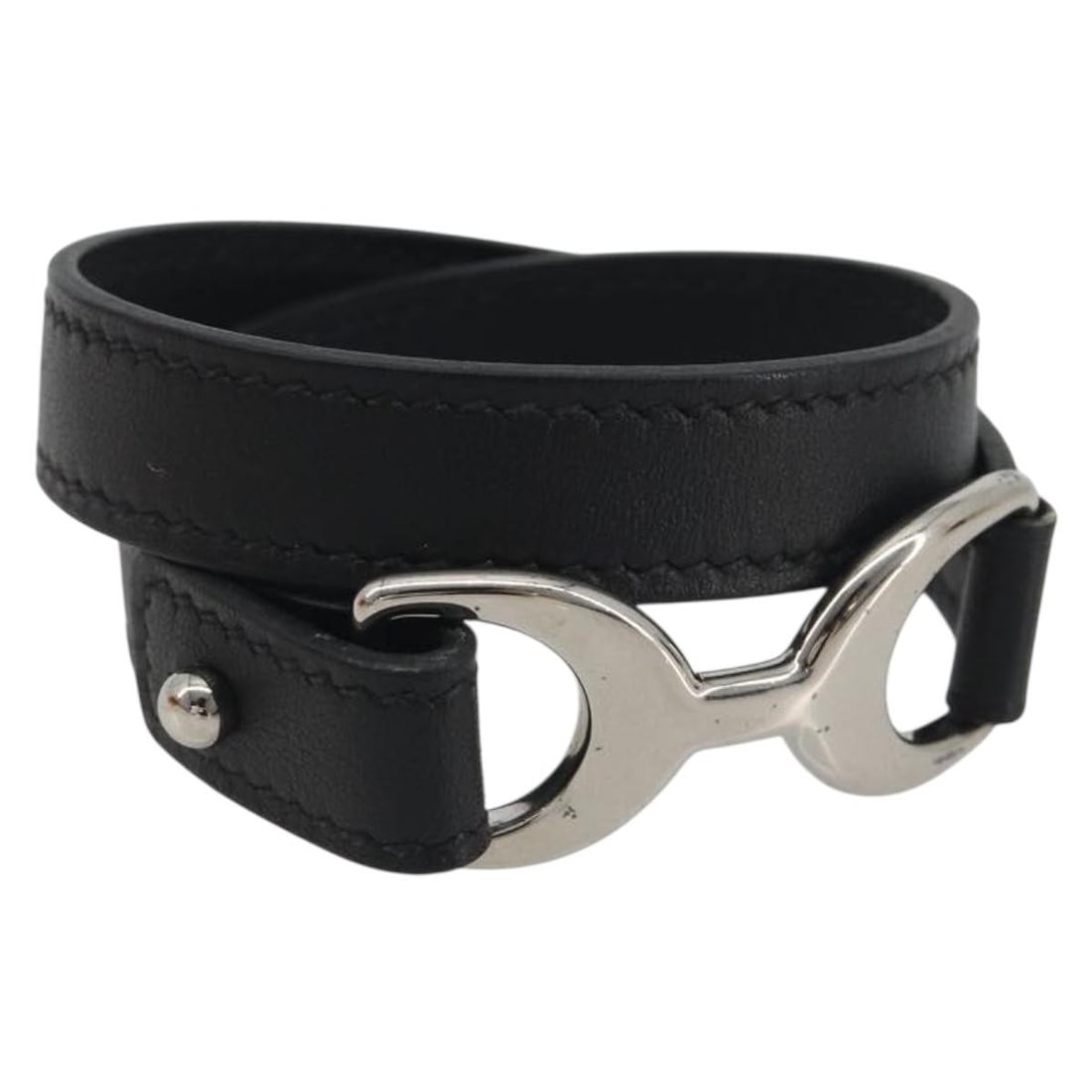 Hermes Papan black leather bracelet with silver tone hardware: Hermes Papan black leather bracelet with silver tone hardware Authentic Hermes Papan bracelet in black leather with silver-tone accents. Made in France, this women's bracelet includes the dust bag and