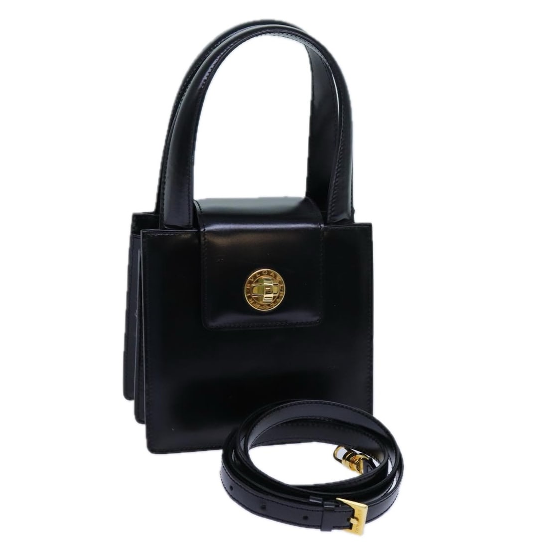 BVLGARI Black Leather 2way Handbag with Shoulder Strap: BVLGARI Black Leather 2way Handbag with Shoulder Strap Authentic BVLGARI 2-way handbag in black leather with a structured compact silhouette. Made in Italy, this women's bag includes a dust bag and sh