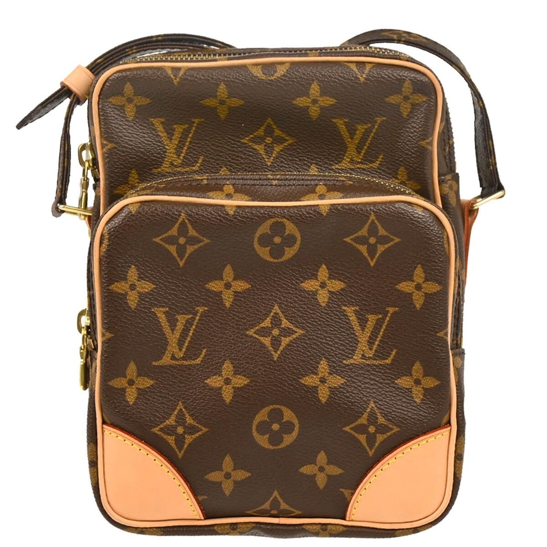Louis Vuitton Amazone Monogram Canvas Crossbody Purse M45236: Louis Vuitton Amazone Monogram Canvas Crossbody Purse M45236 Vintage Louis Vuitton Amazon crossbody bag in brown Monogram canvas with leather trim. This medium unisex bag features a zip closure, an ad