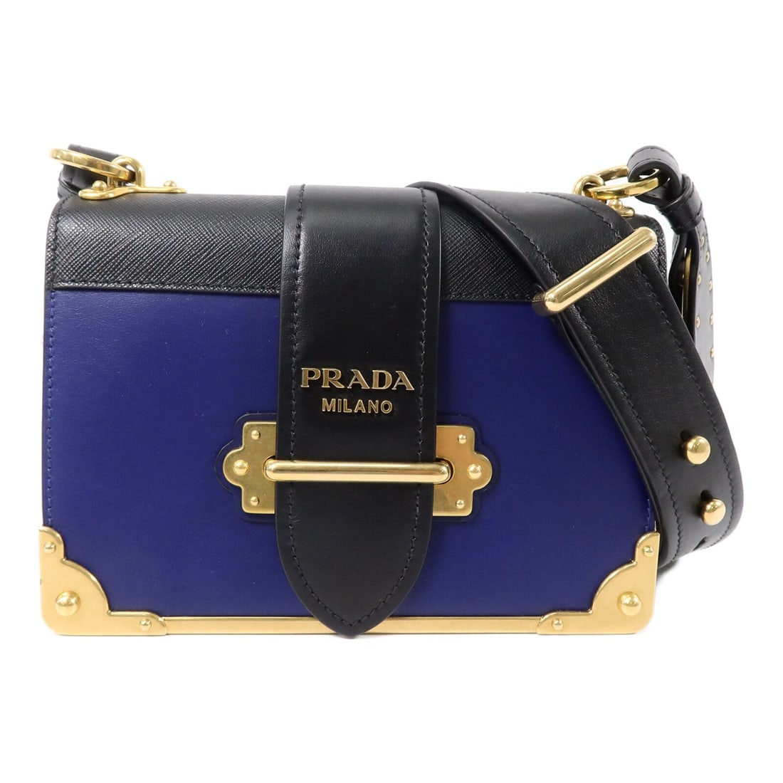 Prada 1BD045 Cahier shoulder bag in black blue Saffiano leather: Prada 1BD045 Cahier shoulder bag in black blue Saffiano leather Prada Cahier shoulder bag model 1BD045 in Saffiano leather with a blue and black colorway. Designed for women, this shoulder bag feature