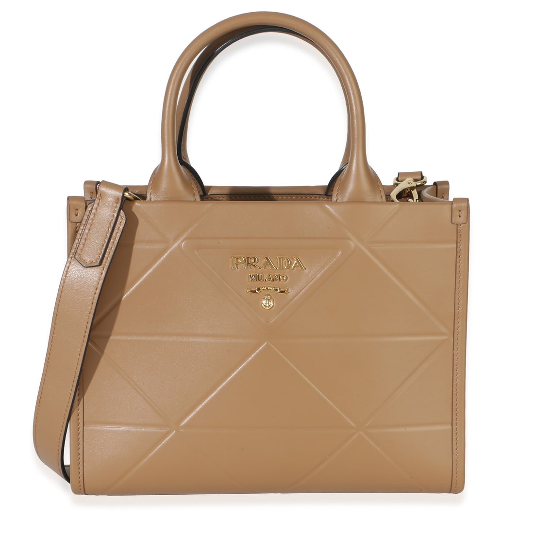 Prada Symbole Mini Tote Brown Leather Open Top Bag: Prada Symbole Mini Tote Brown Leather Open Top Bag Pre-owned Prada Symbole Mini Tote in soft calfskin with the Triangolo motif. This mini tote features an open top, brown fabric lining, gold-tone hard
