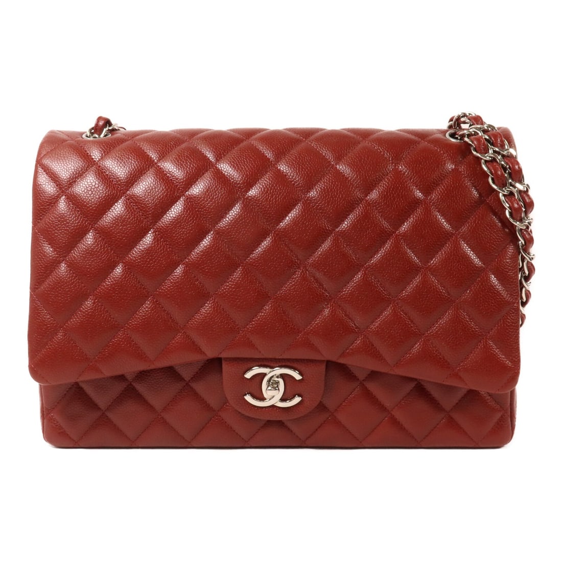 CHANEL A58601 Maxi Classic Red Calfskin Shoulder Bag: CHANEL A58601 Maxi Classic Red Calfskin Shoulder Bag Classic Chanel Maxi shoulder bag in red calfskin leather with the signature CC turn-lock closure and chain shoulder strap. This women's shoulder ba
