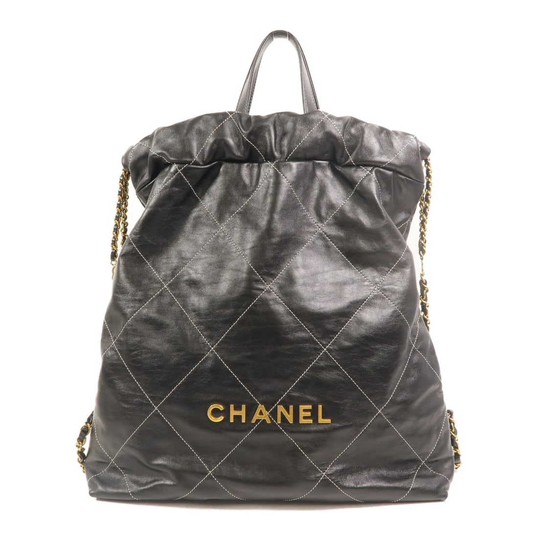 CHANEL Chanel 22 Calfskin Backpack Black CC GHW: CHANEL Chanel 22 Calfskin Backpack Black CC GHW CHANEL Chanel 22 backpack in black calfskin leather, presented in a rucksack backpack style. It features an inside zip pocket and comes with storage bag