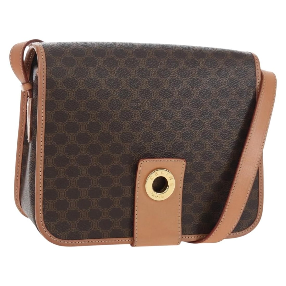CELINE Macadam PVC Leather Shoulder Bag Brown Gold Tone: CELINE Macadam PVC Leather Shoulder Bag Brown Gold Tone Authentic CELINE Macadam canvas shoulder bag in brown with gold-tone accents, crafted with PVC leather trim. Made in Italy, this women's shoulde