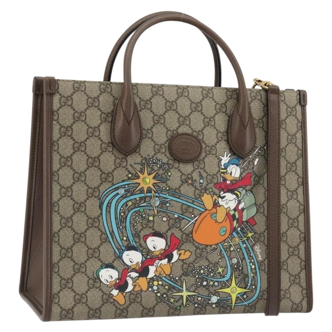 GUCCI 648134 Donald Duck 2way Hand Bag GG Canvas Beige Gold: GUCCI 648134 Donald Duck 2way Hand Bag GG Canvas Beige Gold Gucci GG Supreme Donald Duck 2-way handbag in beige and gold GG canvas. This women's bag includes a shoulder strap and can be carried by han