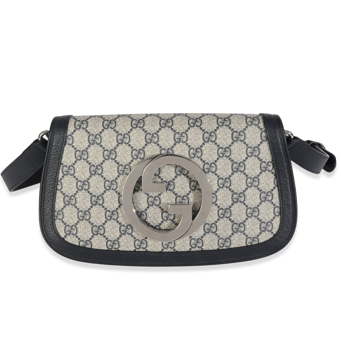 Gucci Blondie Crossbody in Beige Blue Coated Canvas with Silver-Tone Hardware: Gucci Blondie Crossbody in Beige Blue Coated Canvas with Silver-Tone Hardware This Gucci Blondie Shoulder Bag features a beige and blue GG Supreme coated canvas exterior with leather accents. Designed