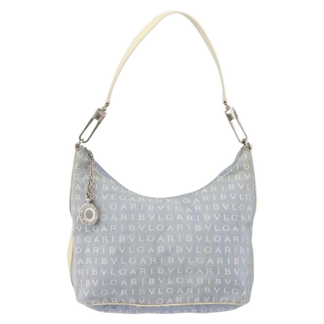 Bvlgari Logomania blue canvas shoulder bag with leather trim: Bvlgari Logomania blue canvas shoulder bag with leather trim This pre-owned Bvlgari Logomania shoulder bag for women features a blue canvas body with leather accents. It measures 27cm x 18cm x 12cm an