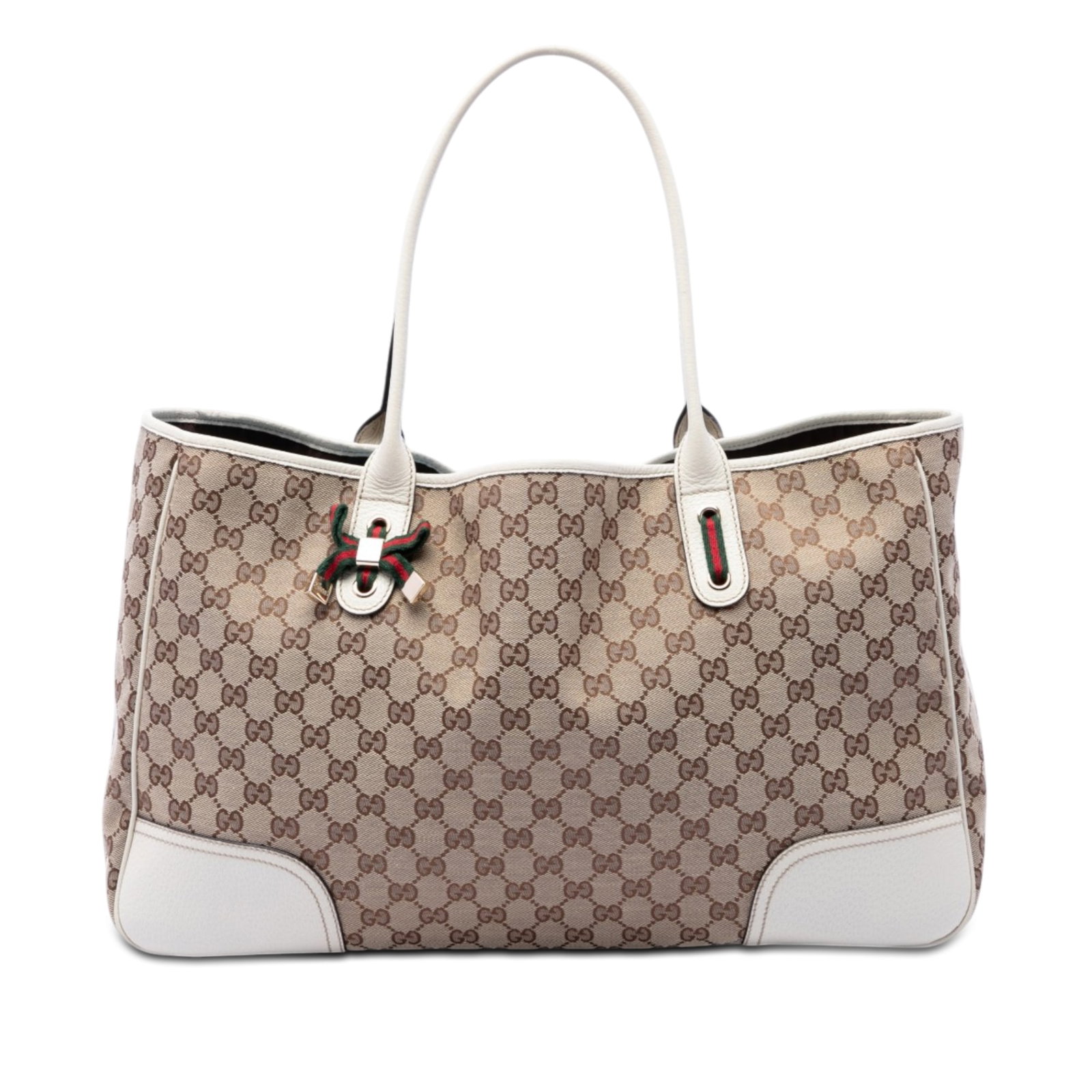 Gucci Princy Tote Beige GG Canvas and Leather Trim: Gucci Princy Tote Beige GG Canvas and Leather Trim Gucci Princy tote bag in beige GG canvas with leather trim and rolled leather handles. The open-top design includes interior zip and slip pockets for