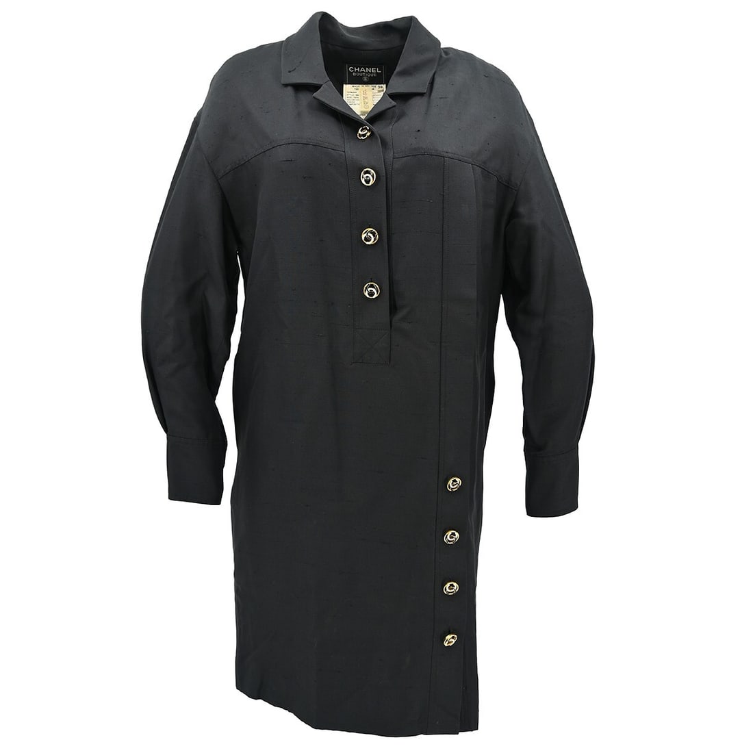 CHANEL Silk Shirt Dress Black Long Sleeve Collared Size 38: CHANEL Silk Shirt Dress Black Long Sleeve Collared Size 38 Black Chanel shirt dress in 100% silk with a collared neckline, long sleeves, and button details. Made in France, this women's regular-size d