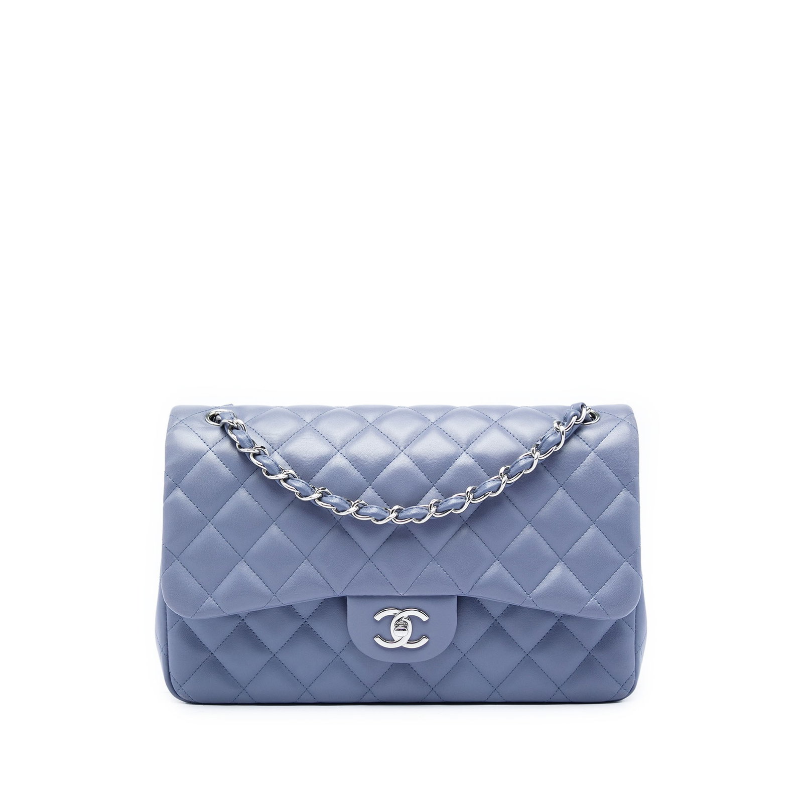 Chanel Jumbo Classic Double Flap Purple Lambskin Shoulder Bag: Chanel Jumbo Classic Double Flap Purple Lambskin Shoulder Bag Chanel Jumbo Classic Lambskin Double Flap shoulder bag in purple quilted lambskin leather. This bag features leather-woven chain straps, d