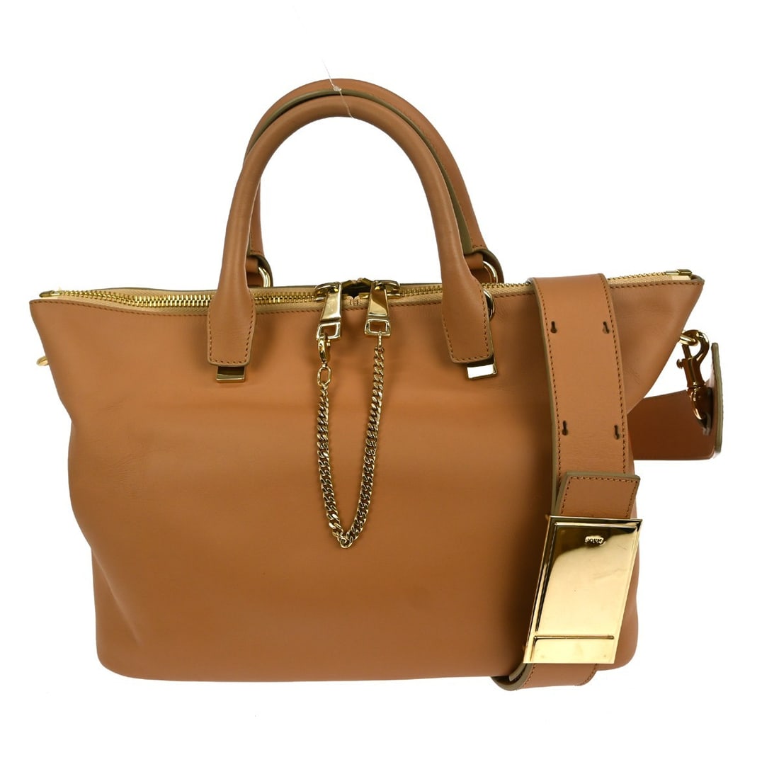 Chloe Baylee Beige Leather Top Handle Bag with Strap: Chloe Baylee Beige Leather Top Handle Bag with Strap Chloe Baylee 2way handbag in beige leather with a top handle bag style and gold-tone hardware. It features a zip closure, double handles, and an in