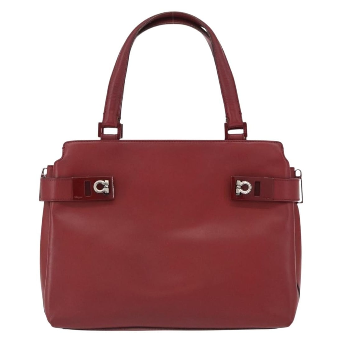 Red Leather Double Gancini Tote by Salvatore Ferragamo with Side Buckle: Red Leather Double Gancini Tote by Salvatore Ferragamo with Side Buckle This Salvatore Ferragamo Double Gancini Side Buckle Tote is crafted from red leather and features signature side buckles. Design