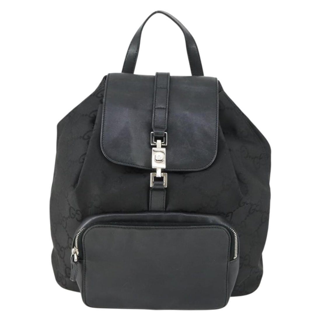 Gucci Vintage Jackie black canvas backpack with leather trim: Gucci Vintage Jackie black canvas backpack with leather trim This Gucci Vintage Jackie Backpack for women features classic black GG canvas construction with leather accents. It measures 24cm x 25cm x 