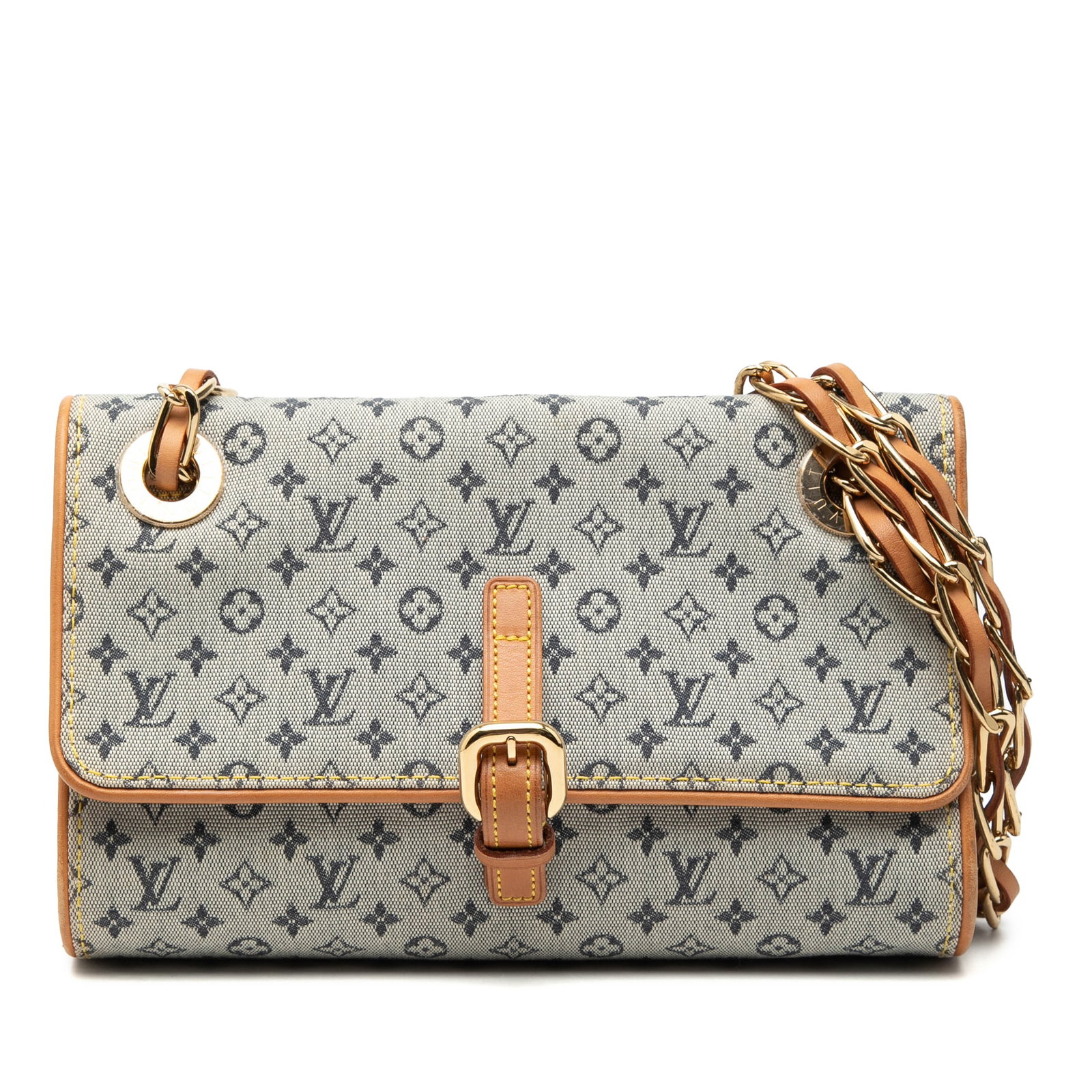 Monogram Mini Lin Camille Shoulder Bag with Gold Chain by Louis Vuitton: Monogram Mini Lin Camille Shoulder Bag with Gold Chain by Louis Vuitton The Louis Vuitton Monogram Mini Lin Camille features a gray monogram mini lin fabric body, complemented by gold-tone shoulder ch