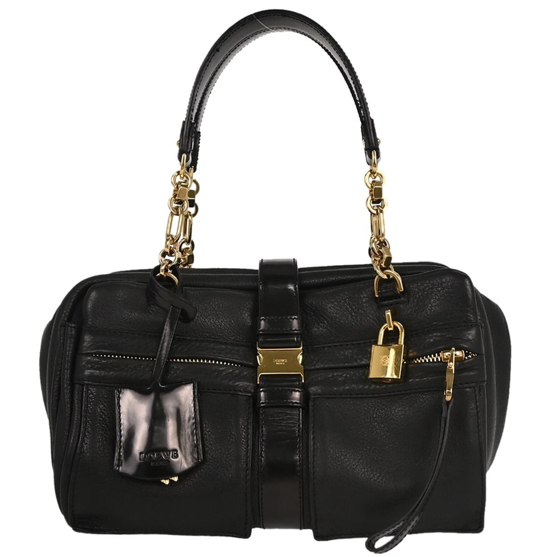 Loewe Laura 26 black leather top handle bag with zip closure: Loewe Laura 26 black leather top handle bag with zip closure Loewe Laura 26 top handle handbag in black leather with double handles, zip closure, and interior pockets. The bag features two exterior zi