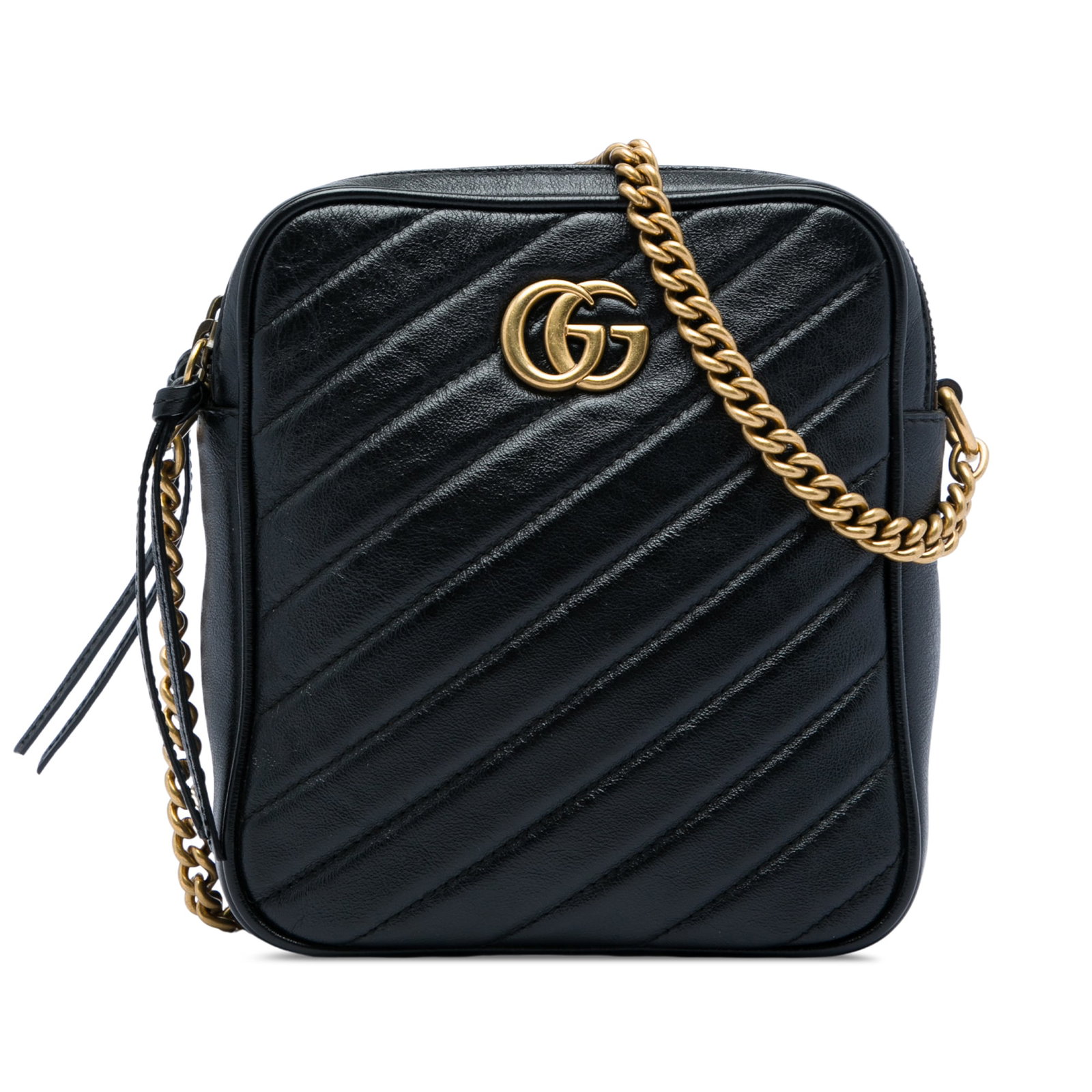 Gucci GG Marmont Double Zip Leather Crossbody Bag: Gucci GG Marmont Double Zip Leather Crossbody Bag Gucci GG Marmont Matelasse Leather Double Zip Crossbody in black quilted calfskin leather. This crossbody bag features a leather shoulder strap, dual