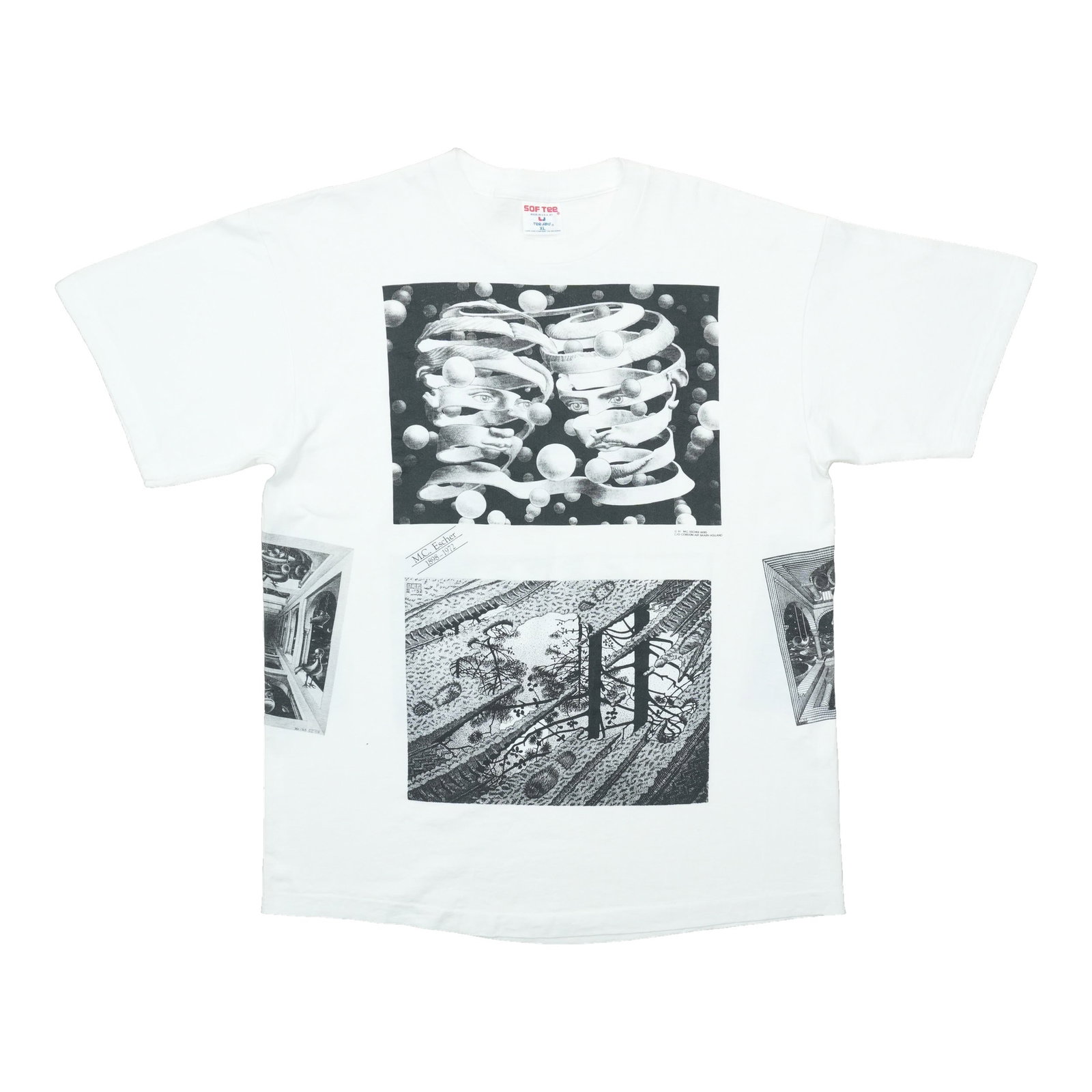 Vintage 1990s M.C. Escher White Cotton T Shirt XL: Vintage 1990s M.C. Escher White Cotton T Shirt XL Original vintage 1990s M.C. Escher art shirt in white cotton. This rare tee is described as a true vintage piece, not a modern reproduction, and is