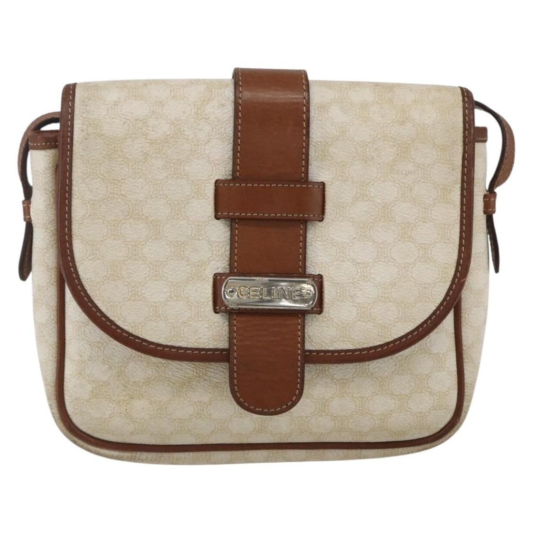 Celine Vintage Macadam Shoulder Bag White Canvas Leather: Celine Vintage Macadam Shoulder Bag White Canvas Leather This vintage Celine Macadam shoulder bag features a white canvas body with leather accents. Designed for women, it presents a compact silhouett