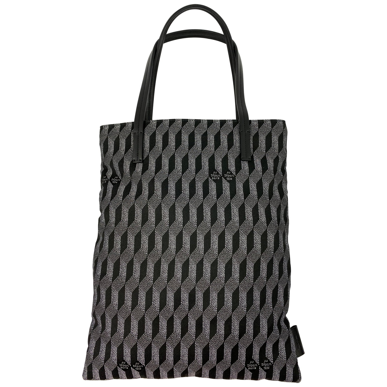 Au Depart L'europe Reflective Monogram Tote Bag Black: Au Depart L'europe Reflective Monogram Tote Bag Black This Au Depart L'europe tote handbag features a black and white geometric pattern throughout, two black leather handles, and an interior pocket wi
