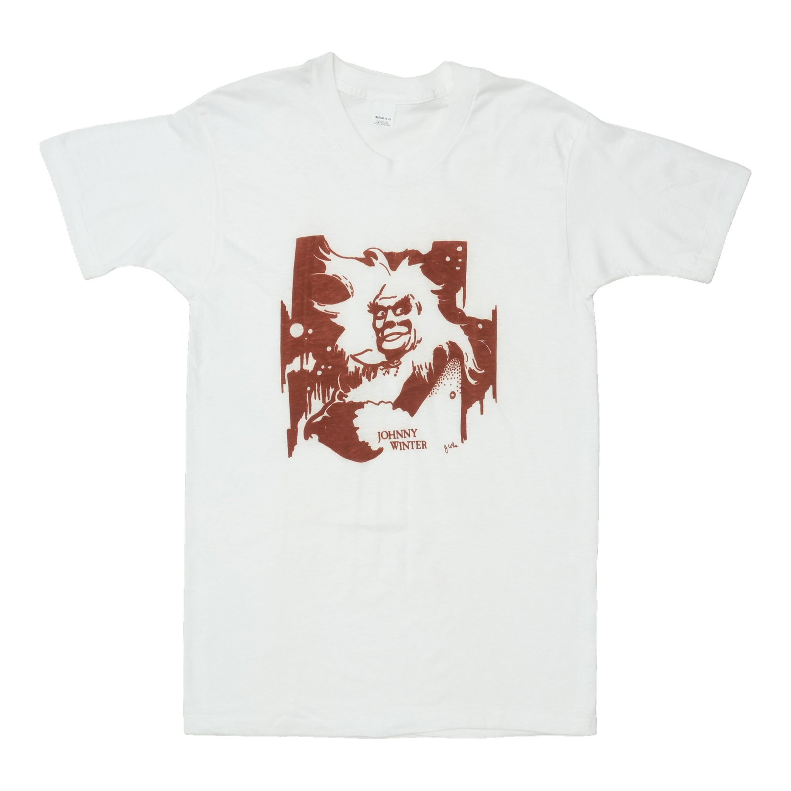 Vintage Johnny Winter 1970s White Poly Cotton T Shirt Medium: Vintage Johnny Winter 1970s White Poly Cotton T Shirt Medium Original vintage 1970s Johnny Winter shirt in white. This rare tee is a true vintage piece, not a modern reproduction, and is in excellent 