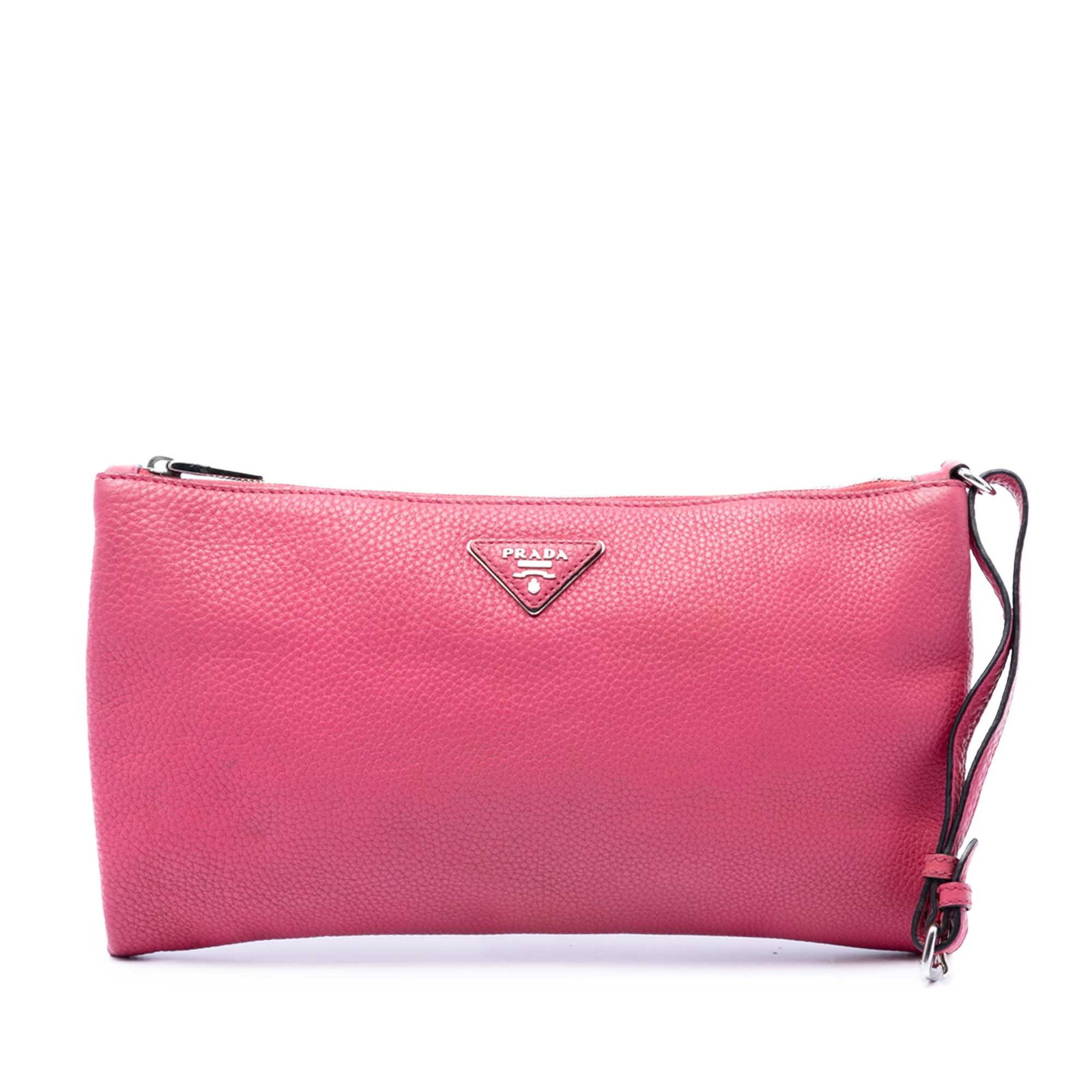 Prada Vitello Daino Pink Leather Wristlet Clutch Bag: Prada Vitello Daino Pink Leather Wristlet Clutch Bag Prada Vitello Daino clutch in pink leather with a flat leather wrist strap, top zip closure, and an interior slip pocket. Made in Italy. Condition 