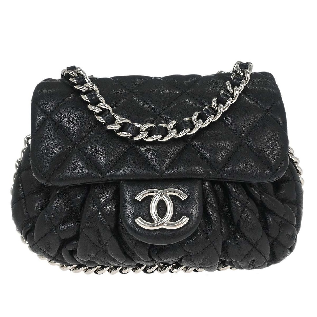 CHANEL Chain Shoulder Bag Black Quilted Calfskin Medium: CHANEL Chain Shoulder Bag Black Quilted Calfskin Medium Chanel black calfskin shoulder bag with a quilted exterior, chain strap, and magnetic closure. It features a canvas lining, one inside zipper po