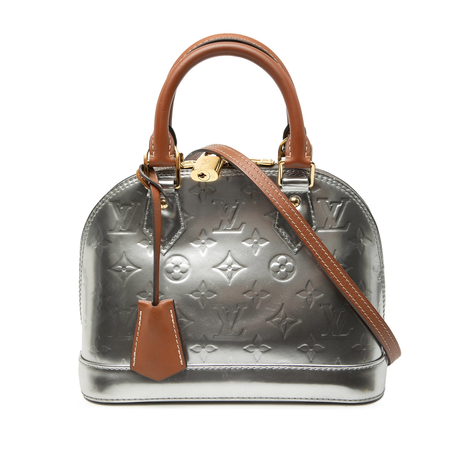 Louis Vuitton Alma BB Monogram Vernis Leather Handbag: Louis Vuitton Alma BB Monogram Vernis Leather Handbag Louis Vuitton Monogram Vernis Alma BB handbag crafted in silver leather. This structured bag features rolled leather handles, a detachable flat le