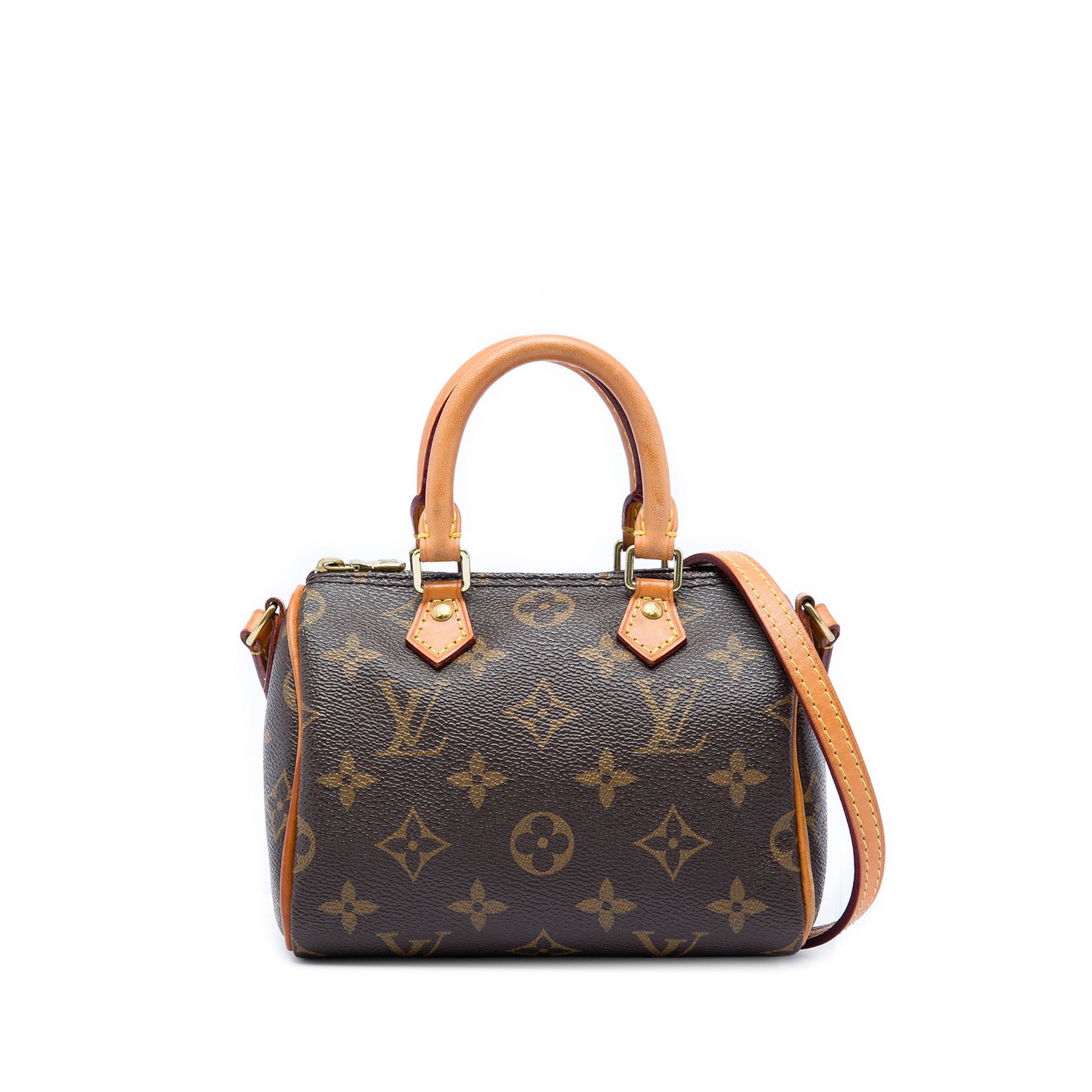 Louis Vuitton Nano Speedy Bandouliere Monogram Shoulder Bag: Louis Vuitton Nano Speedy Bandouliere Monogram Shoulder Bag Louis Vuitton Monogram Nano Speedy Bandouliere bag crafted with a monogram canvas body, rolled handles, a flat shoulder strap, and a top zip