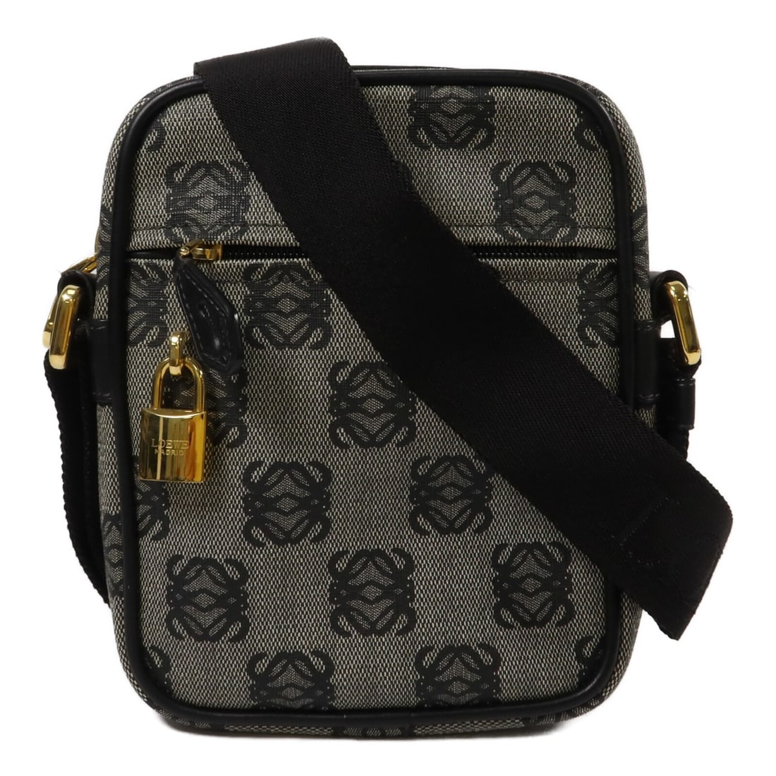 LOEWE Anagram PVC Coated Canvas Shoulder Bag Black with Padlock: LOEWE Anagram PVC Coated Canvas Shoulder Bag Black with Padlock LOEWE Anagram shoulder bag in black PVC coated canvas with a shoulder strap and multiple storage compartments. The bag includes a zip po